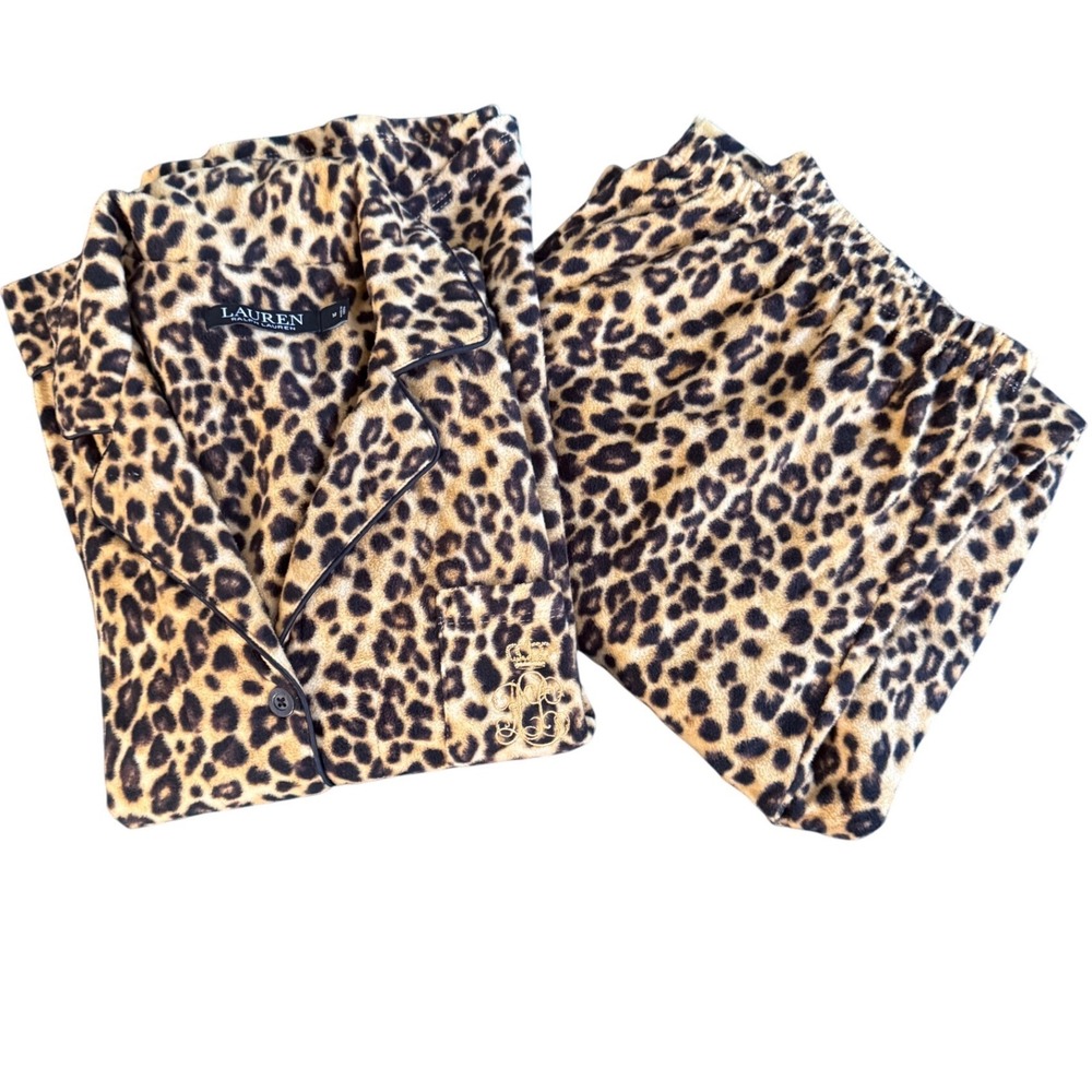 Lauren Ralph Lauren Leopard Print Fleece Pajama Set Brown Tan XS LN92283F